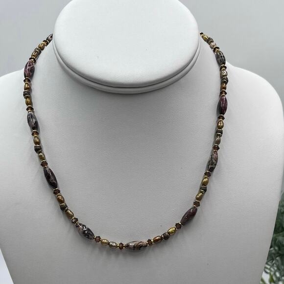 Michal Golan Agate Brown Gray Neutral Single Strand Pearl Crystal Brass necklace - Picture 1 of 16